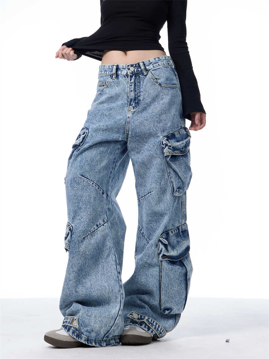 Jeans de trabajo para mujer con múltiples bolsillos, sueltos y de pierna ancha.