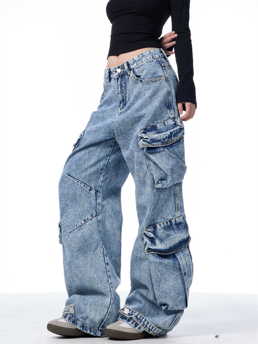 Jeans de trabajo para mujer con múltiples bolsillos, sueltos y de pierna ancha.