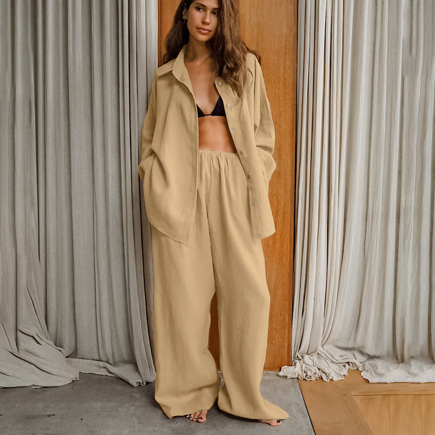 Conjunto de dos piezas suelto de algodón y lino, transpirable, con pantalones y top de manga larga.