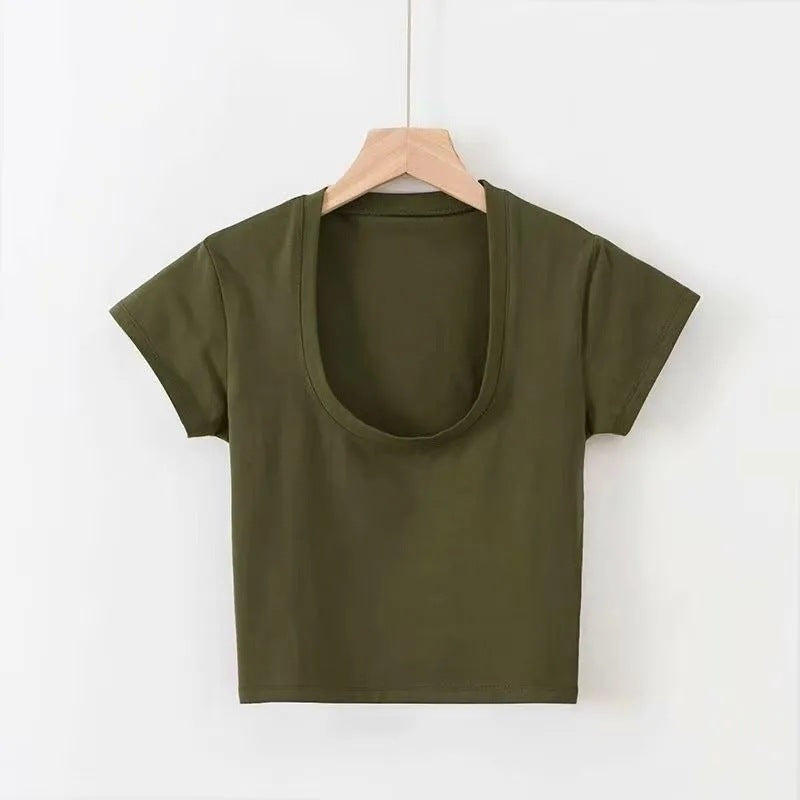 Camiseta corta básica de mujer, color sólido y ajuste ceñido