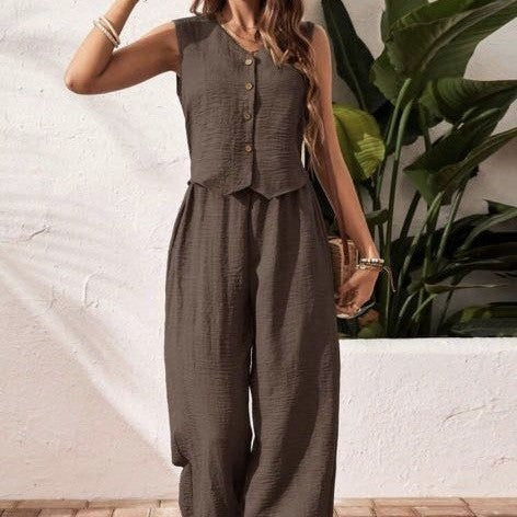 Chaleco y pantalones de lino para uso casual y de oficina, con cierre frontal de botones.