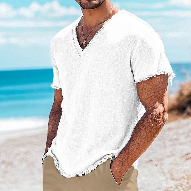 Playera de algodón y lino para hombre, manga corta