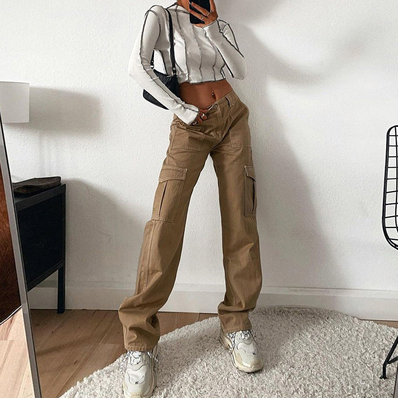 Pantalones de Trabajo Estilo Casual con Múltiples Bolsillos, Corte Recto y Cintura Alta
