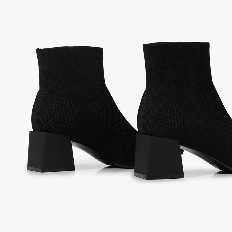Botines de Punto Elástico con Tacón Grueso – Mujer