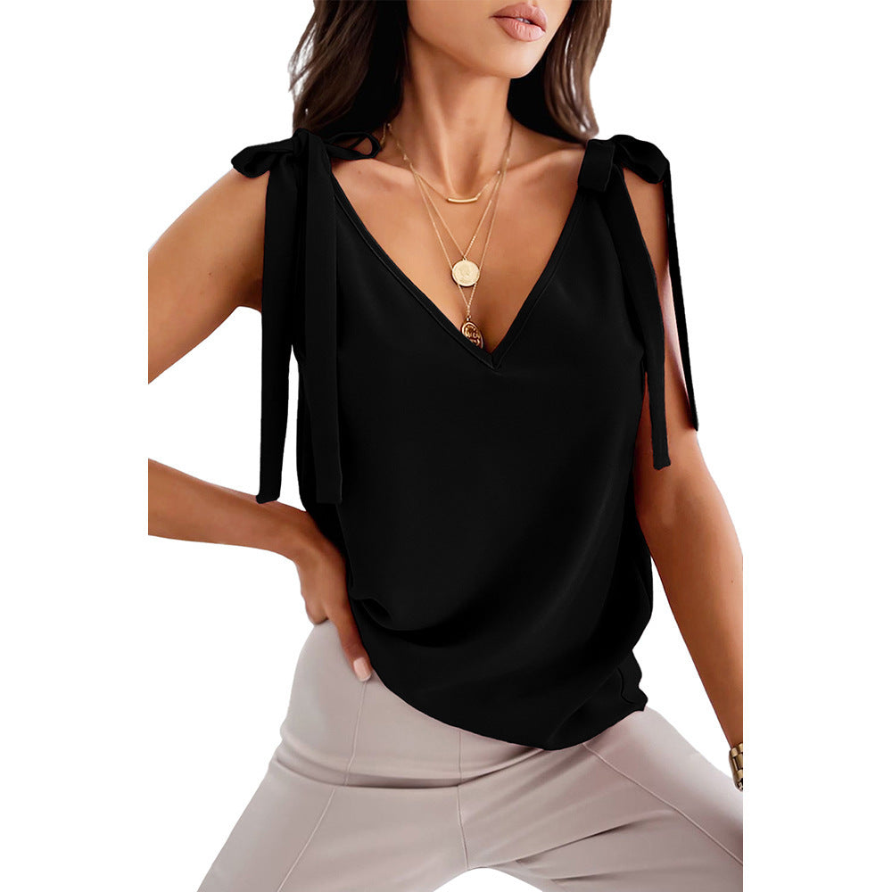 Camisola con Lazo y Escote en V para Mujer – Tops de Verano sin Mangas