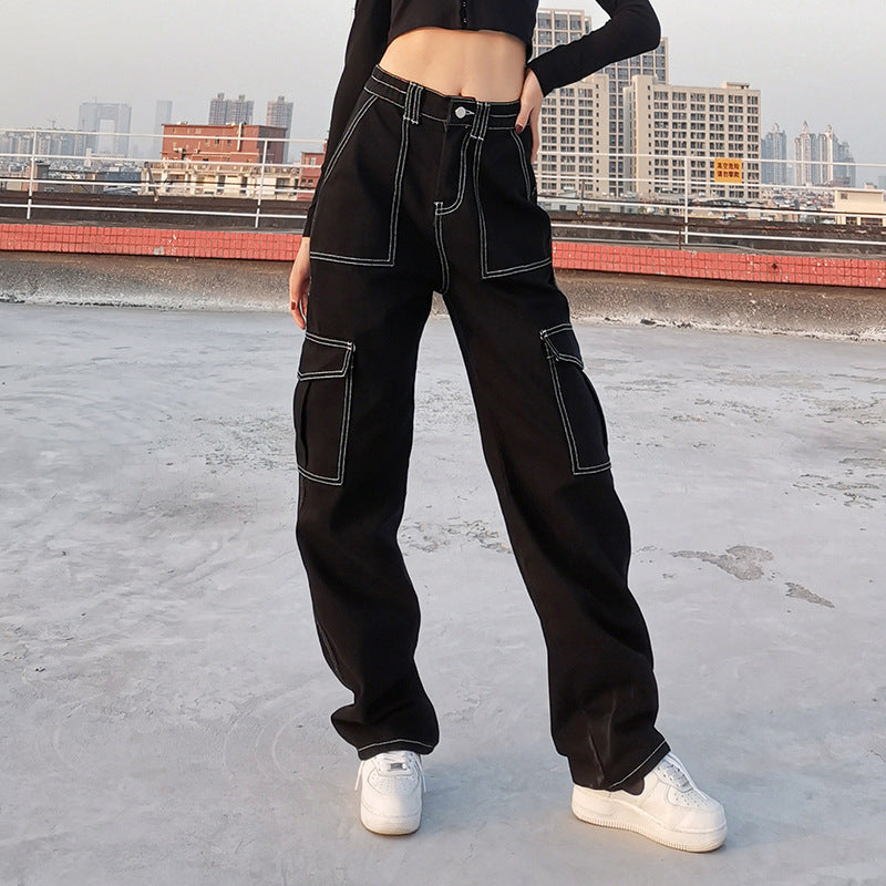Pantalones de Trabajo Estilo Casual con Múltiples Bolsillos, Corte Recto y Cintura Alta