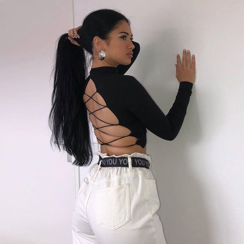 Blusa entallada sexy de manga larga con cordones y diseño calado