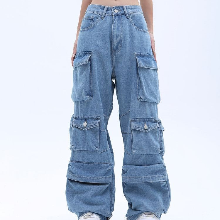 Jeans holgados estilo americano de calle alta con múltiples bolsillos y lavado desgastado.