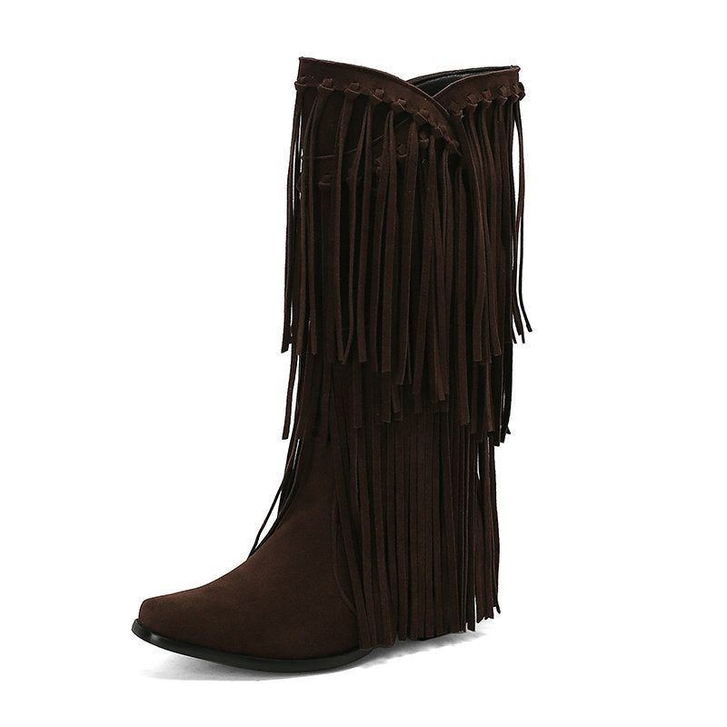 Botas Altas de Gamuza con Tacón y Flecos para Mujer – Otoño e Invierno