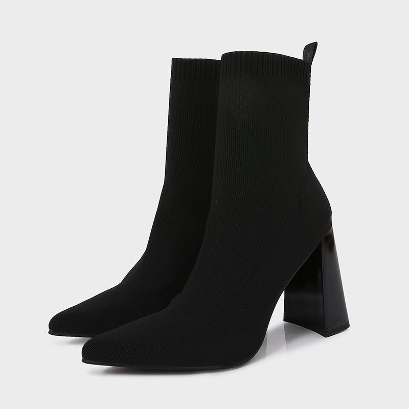 Botines Retro de Tobillo para Mujer con Tacón Grueso Alto, Diseño Geométrico en Tonos Marrón y Amarillo, y Calcetas Elásticas