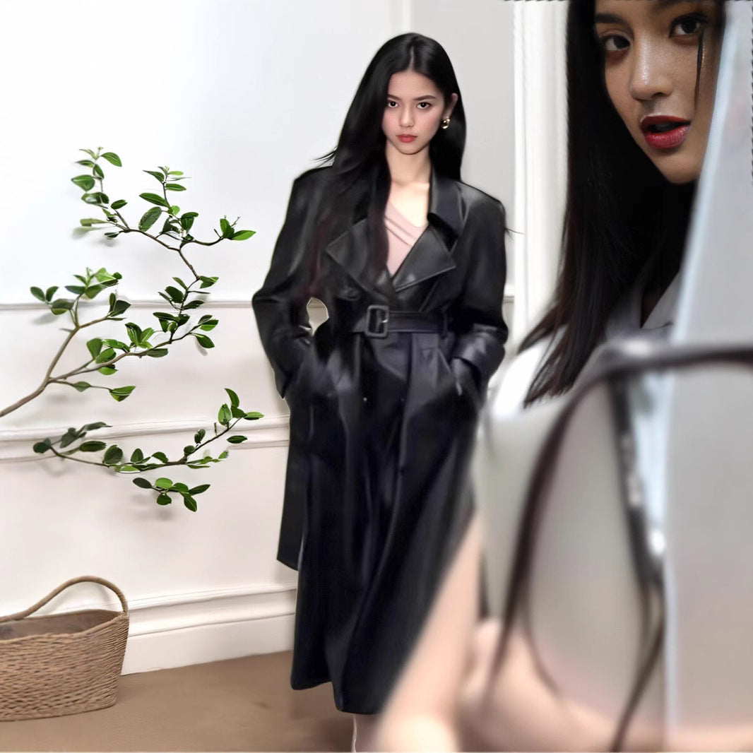 Gabardina Larga de Cuero PU Negra – Alta Calidad y Corte Alto