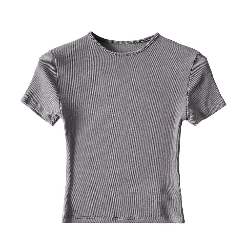 Camiseta básica ajustada de color sólido con cuello redondo