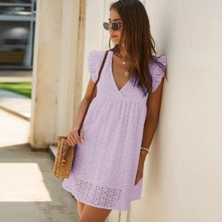 Vestido Corto de Verano para Mujer – Cuello en V, Algodón, Color Sólido