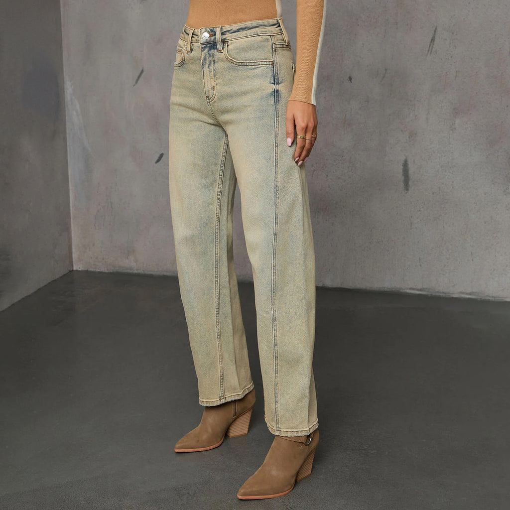 Jeans rectos azul vintage para mujer – estilo americano y urbano con toque retro