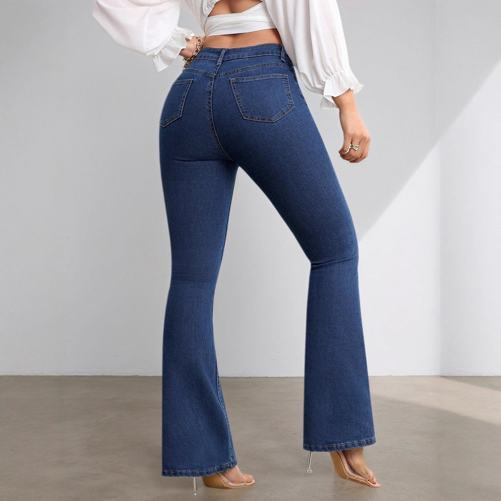 Jeans acampanados de cintura alta con elasticidad para mujer.