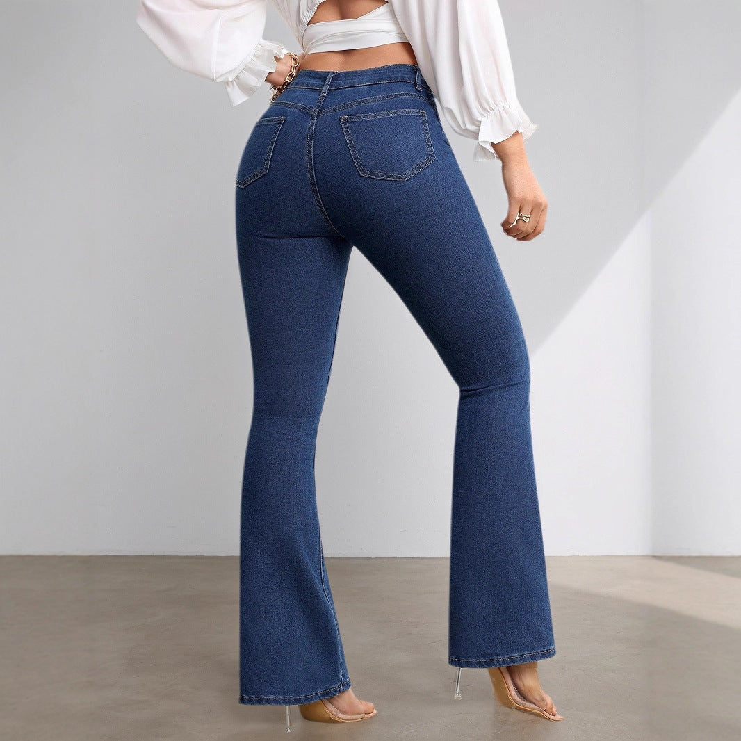 Jeans acampanados de cintura alta con elasticidad para mujer.