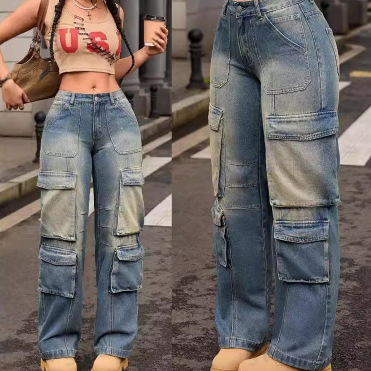 Jeans Rectos Retro con Bolsillos Múltiples y Lavado Nostálgico