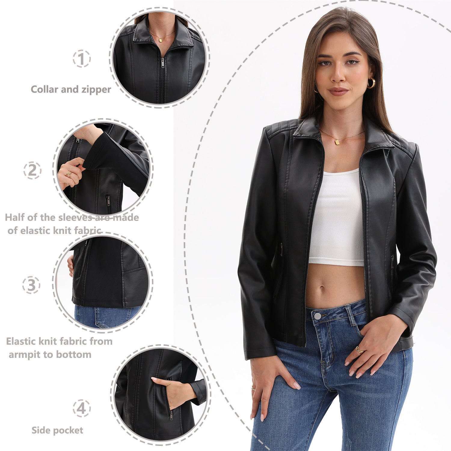 Chaqueta de Mujer en Cuero con Costuras de Punto y Corte Elástico