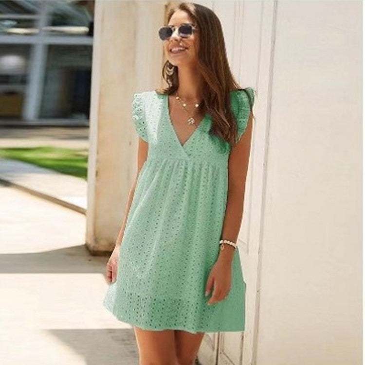 Vestido Corto de Verano para Mujer – Cuello en V, Algodón, Color Sólido