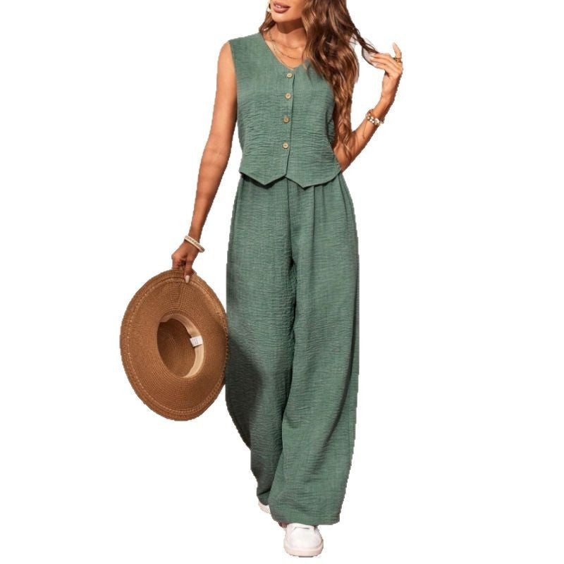 Chaleco y pantalones de lino para uso casual y de oficina, con cierre frontal de botones.