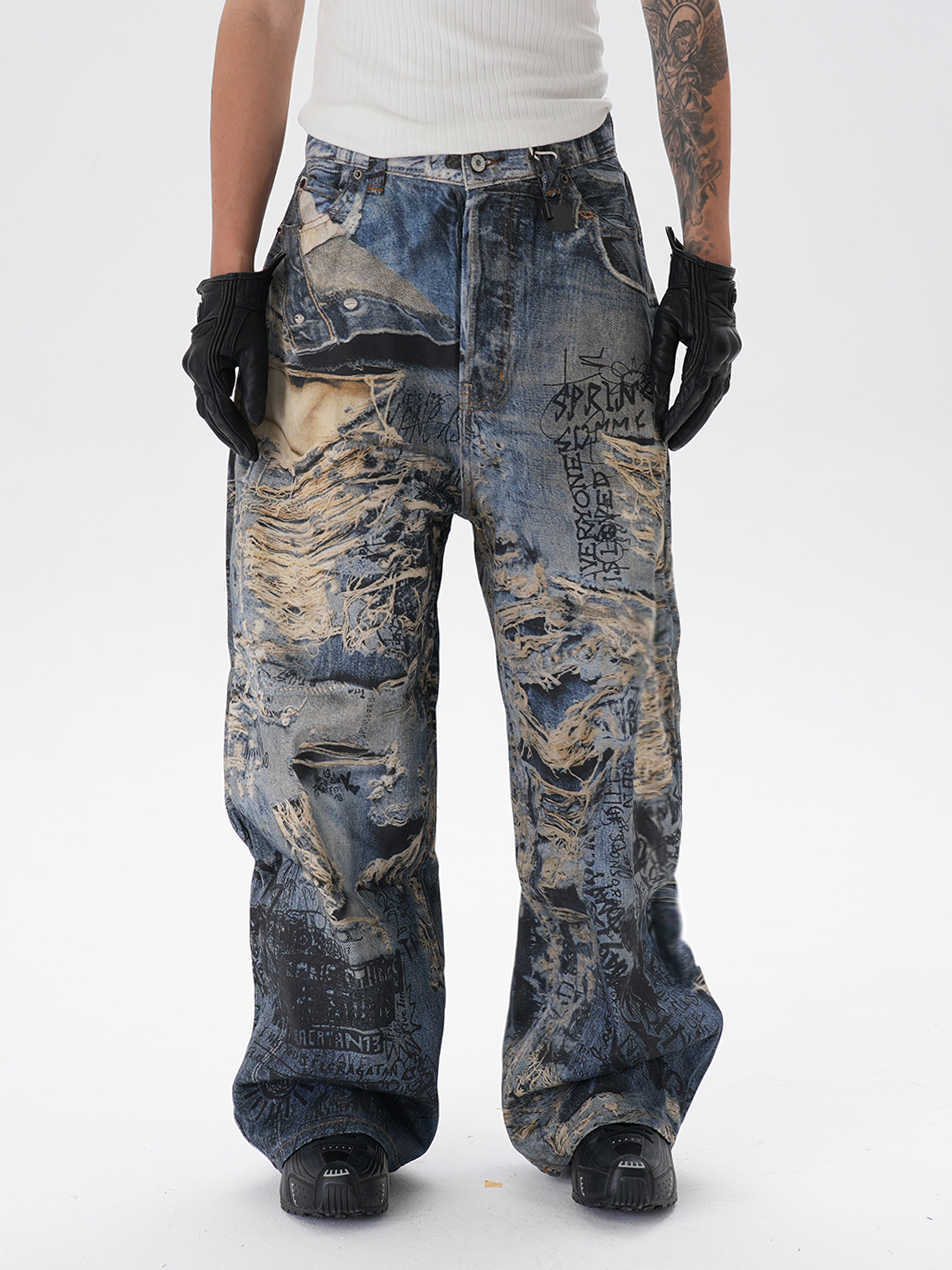 Jeans rectos rasgados con estampado graffiti 3D