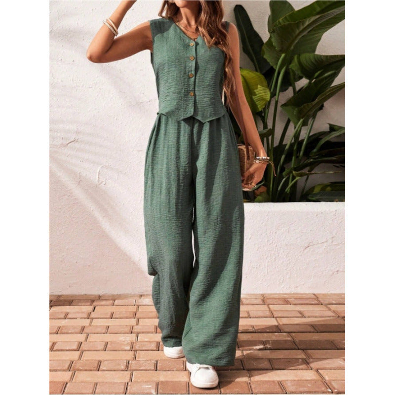 Chaleco y pantalones de lino para uso casual y de oficina, con cierre frontal de botones.