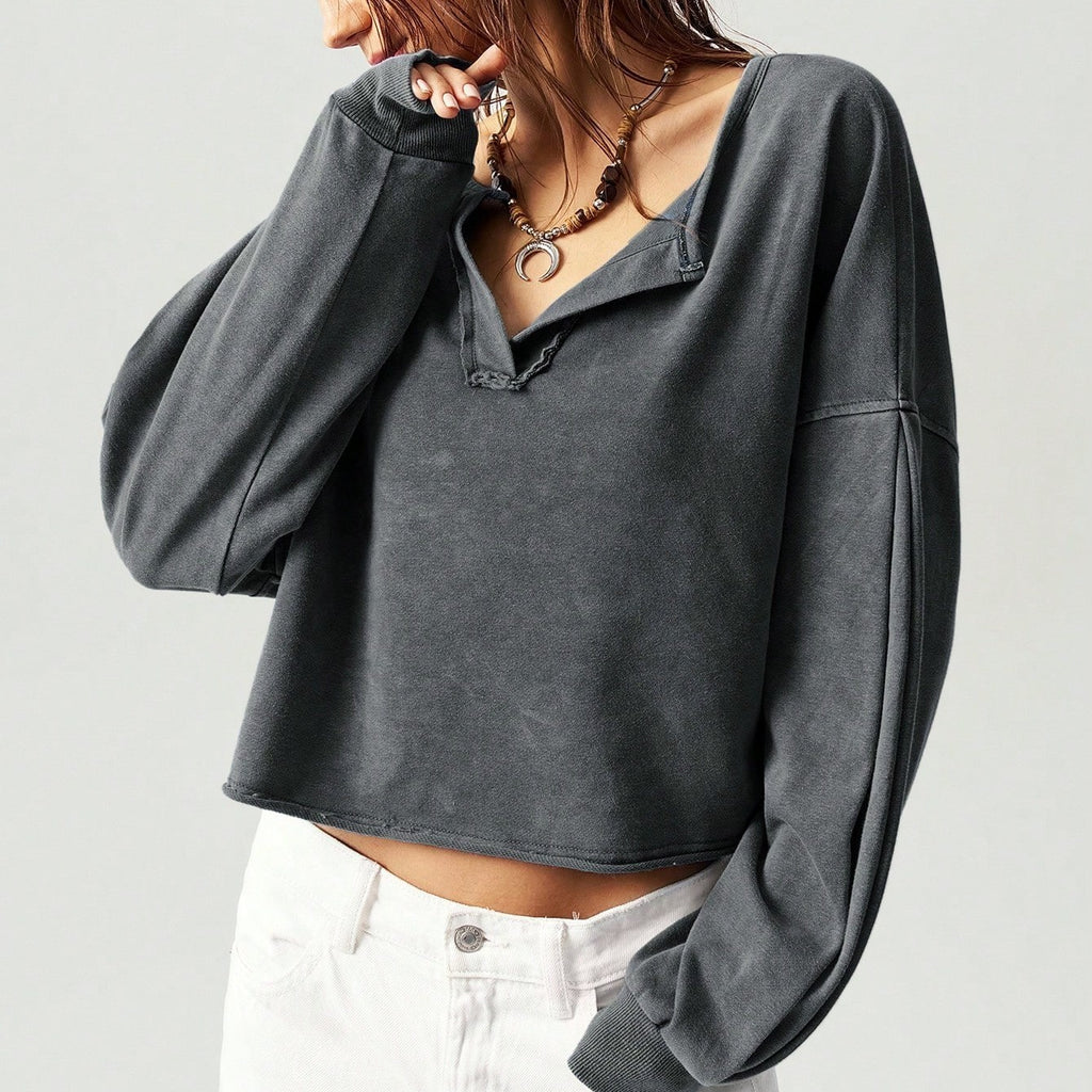 Pullover Holgado de Manga Larga con Cuello en V y Color Sólido