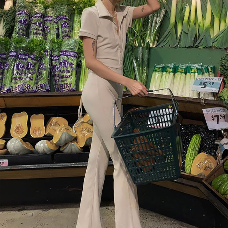 Jumpsuit Ajustado para Mujer – Espalda Descubierta, Solapa y Botones