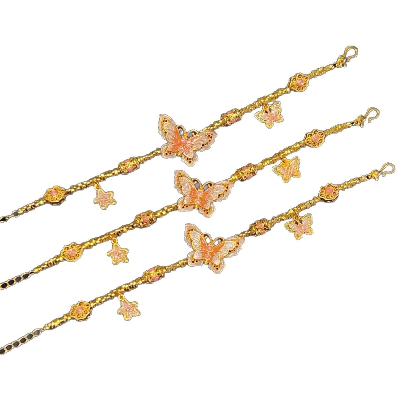Pulsera con Colgante de Mariposa y Estrella en Oro Alluvial con Esmalte Morado