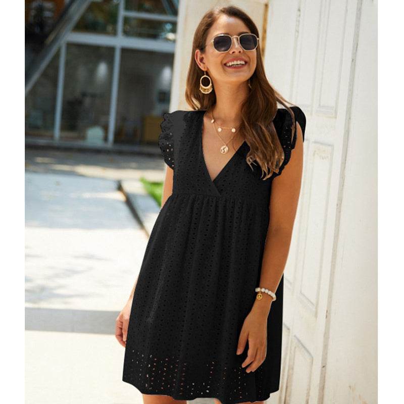 Vestido Corto de Verano para Mujer – Cuello en V, Algodón, Color Sólido